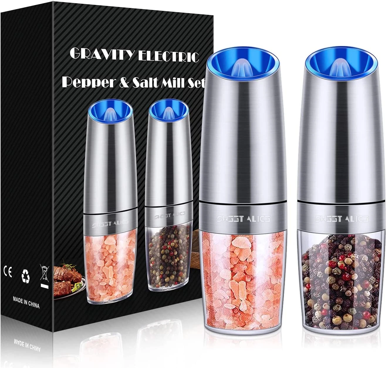 Gravity Electric Salt & Pepper Grinder Set Mill LED Light Stainless Steel Silver