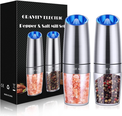 Gravity Electric Salt & Pepper Grinder Set Mill LED Light Stainless Steel Silver