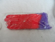 Ladies red satin look gloves with purple faux feather accents NIP