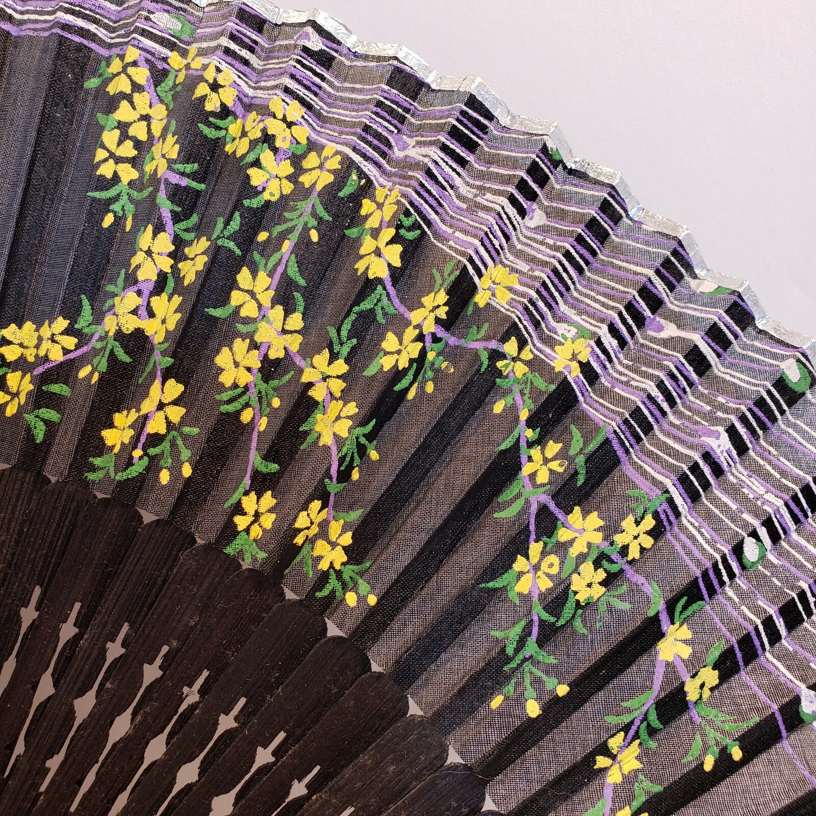 Vintage Asian Hand Held Fan Black Peacock Design Gem