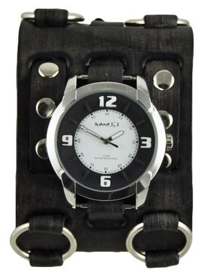 Nemesis Black/White Embossed Watch + Faded Black Wide Detail Leather Cuff Band