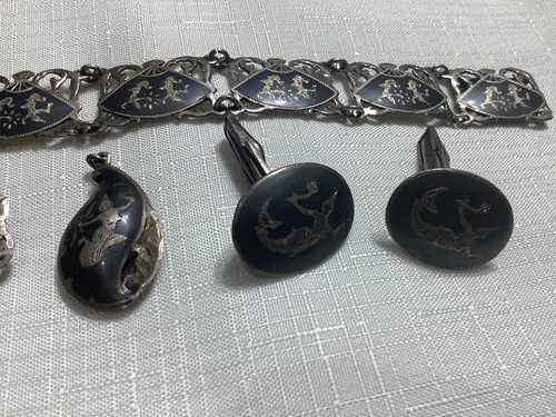 Set Vintage Siam Sterling, 2 Halskette Anhänger Manschettenknöpfe, Clip-on Ohr - Bild 3 von 7