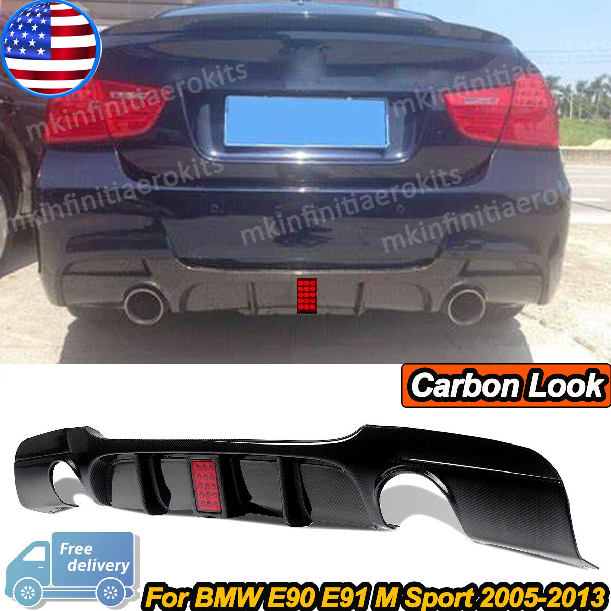 FOR 05-11 BMW E90 3 SERIES M SPORT CARBON LOOK DUAL EXHAUST REAR BUMPER DIFFUSER