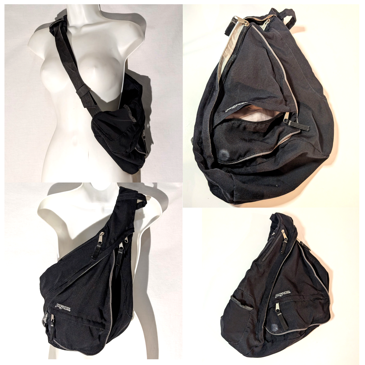 Vintage Jansport Sling Crossbody Bag Black Backpack XL