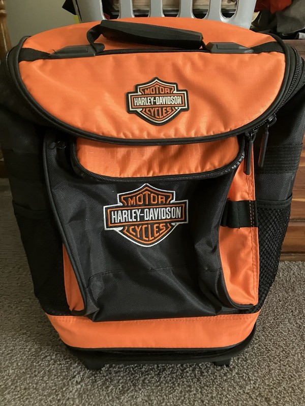 Harley Davidson  - Black Orange Bar & Shield Rolling Cooler Or Suitcase Pick Up 
