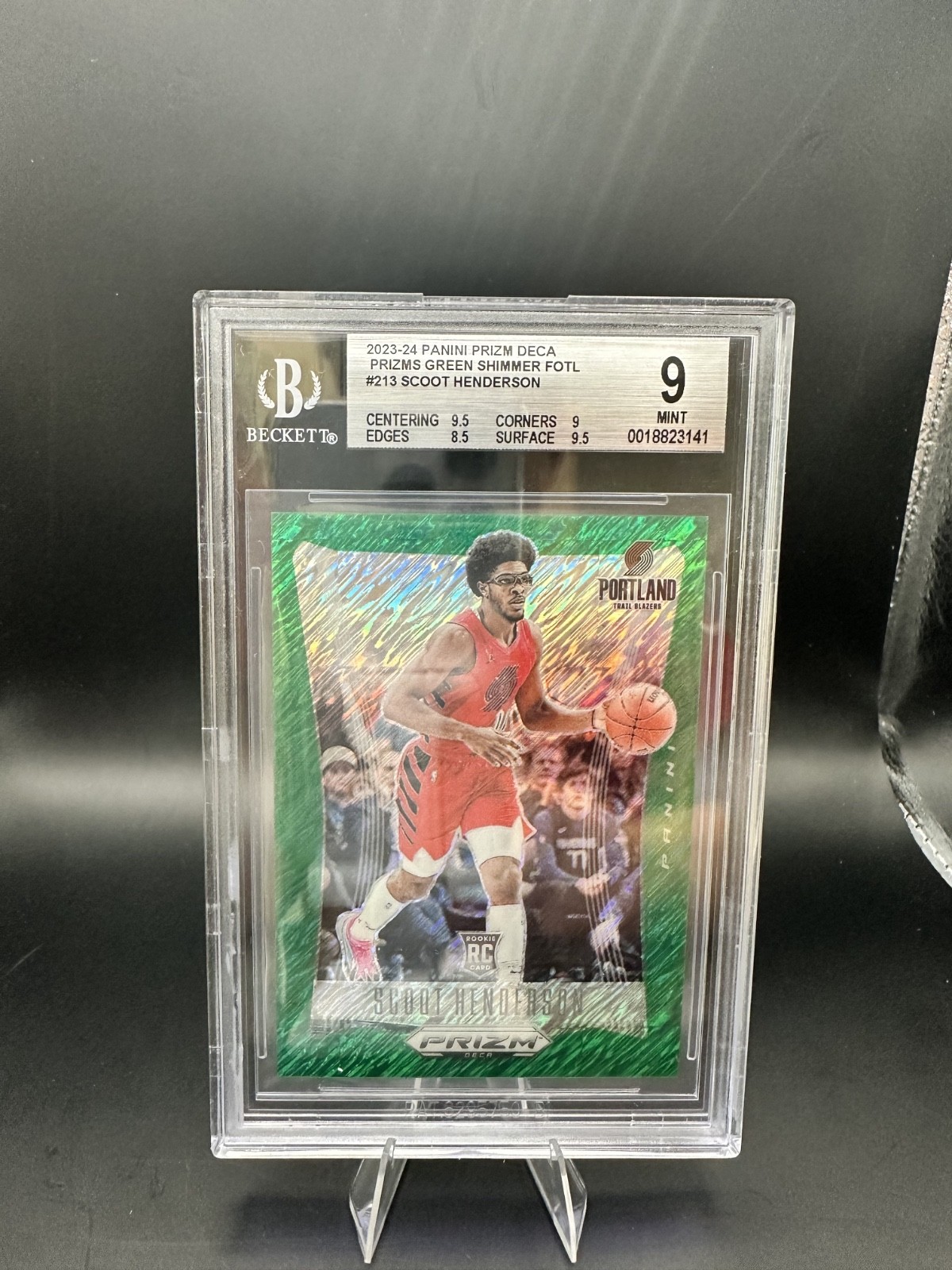 2023-24 Prizm Deca Scoot Henderson RC Green Shimmer FOTL #11/12 BGS 9