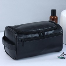 Mens Travel Wash Bag PU Leather Hanging Toiletry Large Capacity Gym Makeup Bag