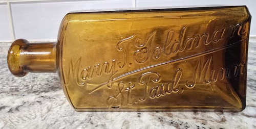 1920s Amber Hair Tonic Bottle ~ Mary T. Goldman St. Paul Minn ~ Embossed Antique - Picture 1 of 9