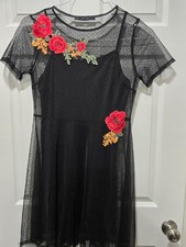 Little Black Dress Women's Large Floral Applique Sheer Whimsigoth Dark Fairy