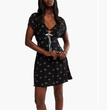 Free People Everyone's Favorite Mini Dress black floral deep V-neckline Sz M NWT
