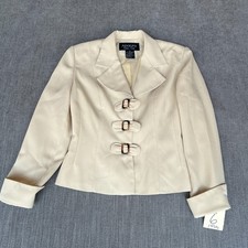Vtg 90s Adolfo Atelier Petite Blazer Jacket 6P Cream Ivory Tortoise Buckle Lined