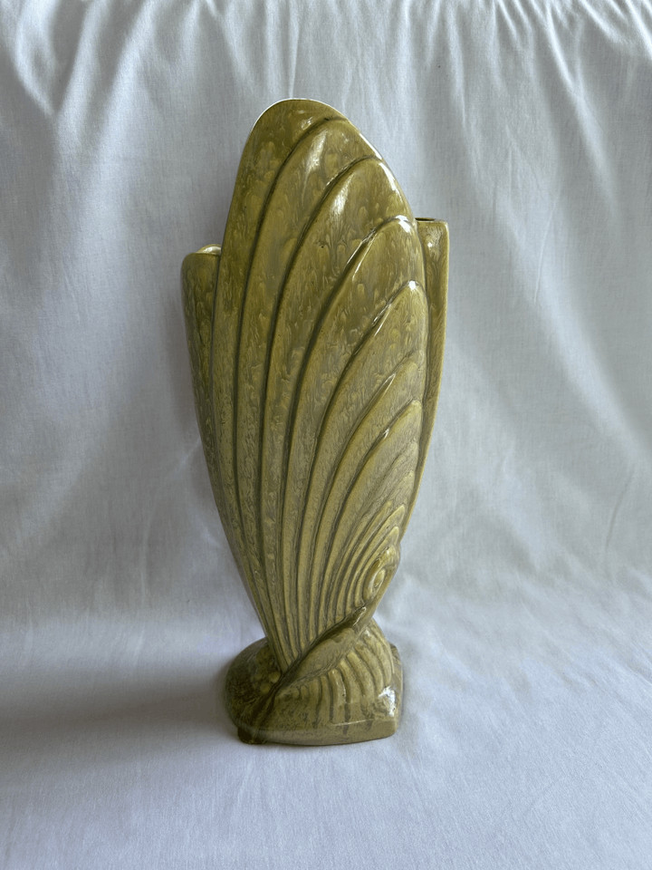 Unique Vintage Mid Century Ceramic Vase, Drip Glaze 16x6 Inches Green/Yellow