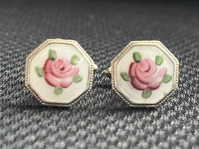 Vintage Enamel Pink Rose Flower Green Leaves Cufflinks Vintage Classic Jewelry