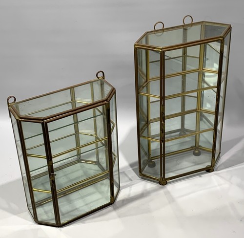 Vtg 2 Cabinet LOT Brass Glass& Mirror Hanging Curio miniature Display case stand