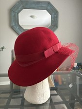 Women  s Red Wool Felt Cloche Hat, Wide Brim, Bow  Veil, One Size Solid