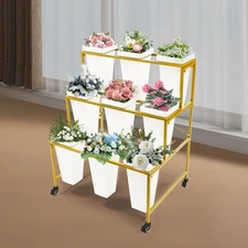 3 Tiers Flower Display Stand Mobile Plant Holder Rack W/ 9 Pieces Buckets Garden