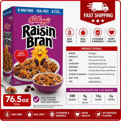 Raisin Bran Cereal 76.5 oz Family Size Kellogg s Breakfast Bulk Sealed Fresh NEW