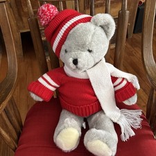 REDUCED Vintage 1984 21 TEDDY BEAR Gray Plush Red Knit Sweater Scarf