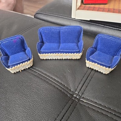 Vintage LUNDBY Dollhouse Miniature Blue Velvet Sofa and Chairs Lounge Set 