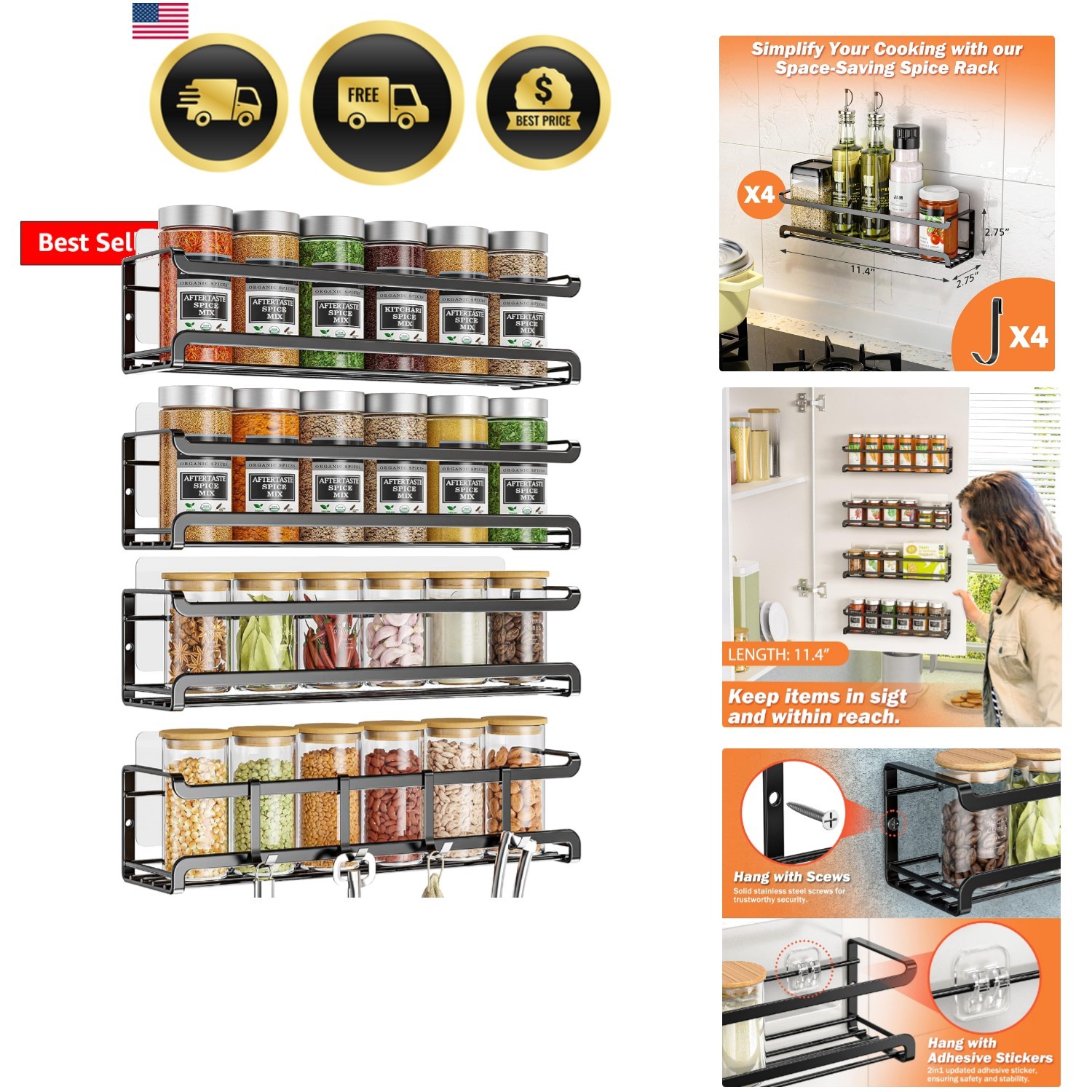Spice Rack Wall Mounted 4 Pack, Black,For Spice Jars & Seasonings | 4 Removal...