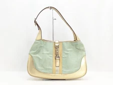 Gucci Jackie Leather Canvas Light Blue Gold Shoulder Hand Bag Authentic