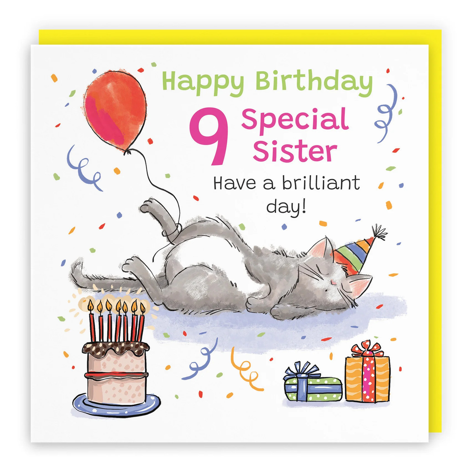 9th Sister Birthday Card Sleepy Cat Animal Party
