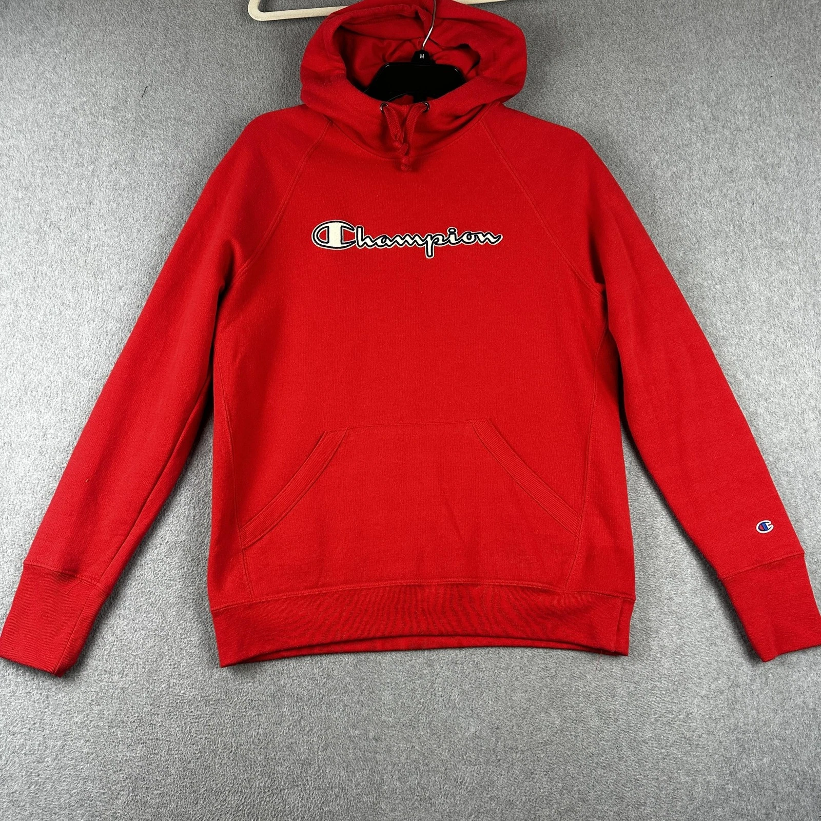Champion Hoodie Mens Small Red Pullover Sweatshirt Embroidered Logo Athletic Gym