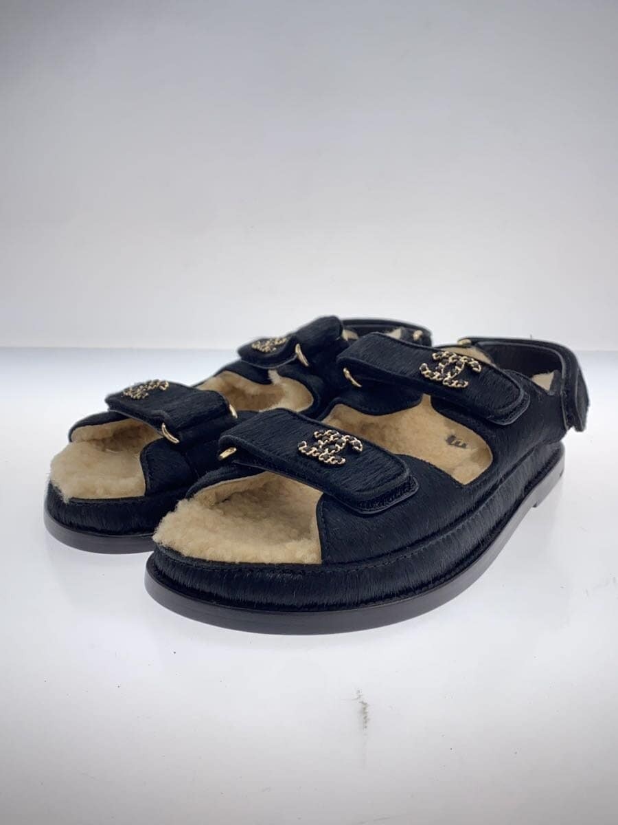 Chanel Black Leather Shearling Dad Sandals G35927 Size 37 EU