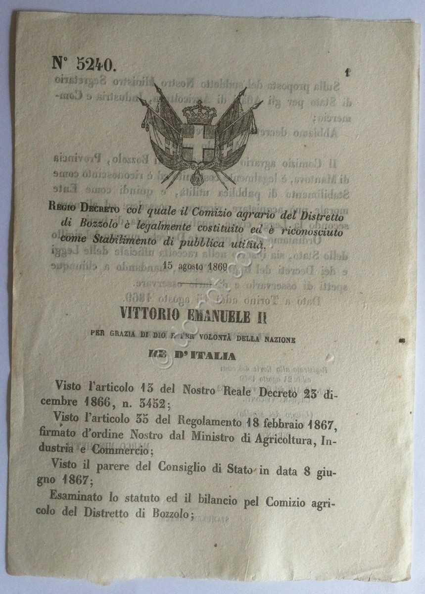 Regio Decreto 5240  Comizio agrario del Circondario di Bozzolo 1869