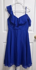 Royal Blue Chiffon One Shoulder Midi Dress Womens Formal Party