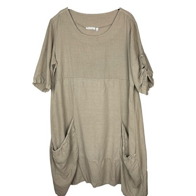 Vasna 100% Linen Tunic Dress Womens Size Large Khaki Pockets Lagenlook Italy