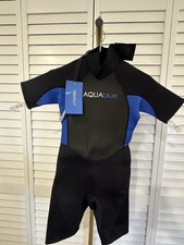 NWT Youth 10 Wetsuit Short Sleeve, Shorts, Back Zip, Hidden Pocket black w blue