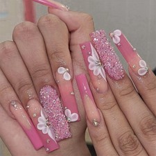 Press On Nails with Pink Rhinestones Long Fashion False Manicure Tips for Women