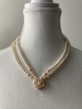 Vintage Romantic Faux Pearl Collar Necklace Double Strand Pink AB Stones