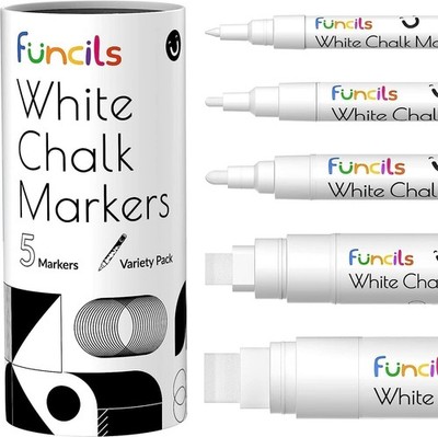 Funcils 5 weiße Tafelkreidemarker - 5 verschiedene - 1 bis 15 mm, 