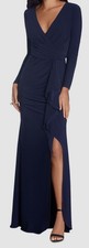 B A by Betsy  Adam Women's Blue Ruffled V-Neck Long Sleeve Gown Dress Size 6