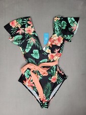 CUPSHE Womens V Neck Ruffle Sleeve One Piece Floral Swimsuit With Belt Medium