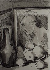 Original Pen & Ink Sketch,'Still Life with friut and bottle', dated Circa 1940's