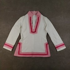 Alice + Olivia Shirt Womens Small White Pink V-Neck Linen Pullover Long Sleeve