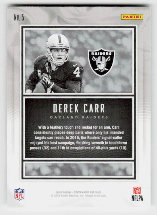 2016 Panini Contenders #5 Derek Carr MVP Contenders - Image 2 of 2