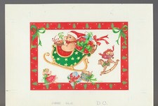 MERRY CHRISTMAS Teddy Bear in Sleigh w/ Presents 10x7" Greeting Card Art 700