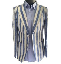 Blue Wide Stripe Line Cotton Men Blazer,Fashio Linen Custom Made Men Jacket