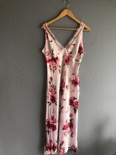 VTG California Dynasty Satin Pink Roses Floral Lace Long Nightgown LARGE Long