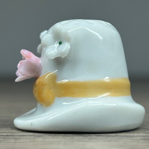 VTG Napco Porcelain Thimble Lady’s Hat w/ 3D Pink Flower & Yellow Ribbon Taiwan - Picture 3 of 7