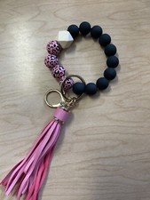 Pink Leopard Silicone  Wooden Beaded Wristlet Keychain With Tassel
