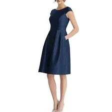 New ALFRED SUNG Midnight Navy Boat-Neck A-Line Dress with Pockets Women’s Size 6