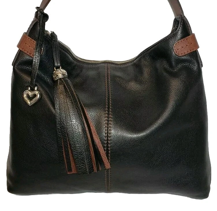 BOLSO DE HOMBRO HOBO BRIGHTON LONDON GROOVE MARLEY CUERO NEGRO Y MARRÓN CON BORLAS $330