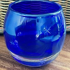 Vintage Cobalt Blue Starburst Etched Art Glass Votive Candle Holder