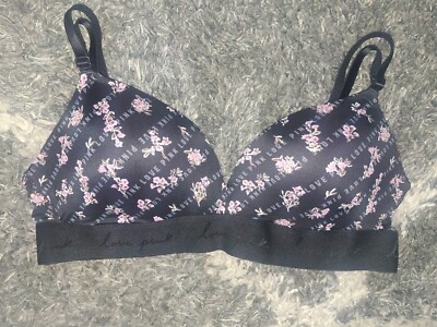 VS pink wireless push up bra BRAND NEW size 36b black W/ floral logo 