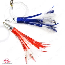 2pcs 6" Fishing Tuna Feather head Jet Rigged Lure Double tuna Hook Red Blue